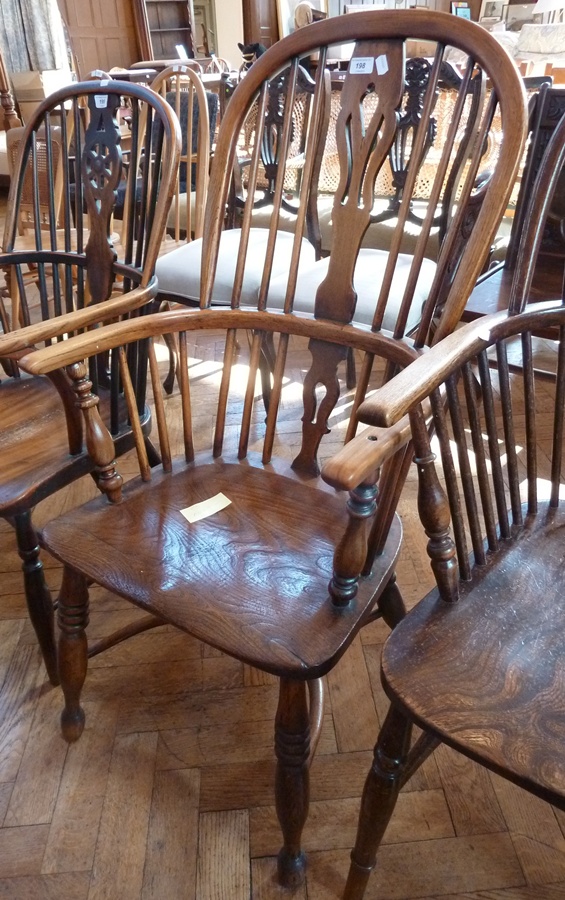 Antique Windsor hardwood stickback open arm elbow chair with crinoline stretcher