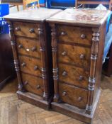 Pair of Victorian figured walnut narrow chests each of four graduated drawers with turned knob