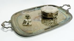 Edwardian silver mounted cut glass inkwell having silver lid and collar, glass wedge shaped base