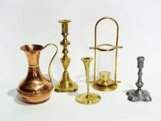 Quantity copper and brass including:- candlesticks, jug, trivet etc (1 box)