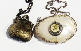 Lady's miniature purse and neckchain and a mother-of-pearl item