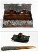 Late Victorian/Edwardian pewter-clad oak desk set of three pieces, viz:- stationery stand, roller