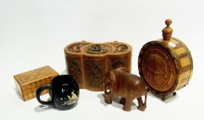 Quantity of items, to include Indian sandalwood carved box, similar wooden inlaid box, four