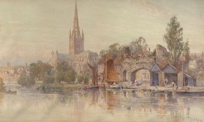 Watercolour drawing 
Tom Hunn (1878-1908)
Norwich Cathedral from across the River, by old city gate,