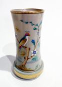 Late Victorian enamelled glass opaline vase, cylindrical and waisted, painted with parrot on