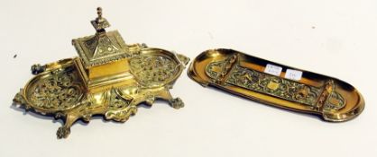 Victorian brass inkstand, shaped rectangular and pierced with scrolls, having central ceramic