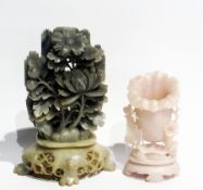 Two Chinese floral soapstone groups, one grey soapstone and another pink (2)