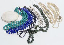 Quantity costume jewellery including:- pearl necklaces, glass beads and a Stratton compact