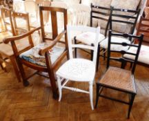 Oak open arm dining chair, with sailing galleon woolwork tapestry panel seats, on fluted supports,