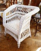 Cane open arm garden chair with shaped tub back, trellis pattern canework with underskirt