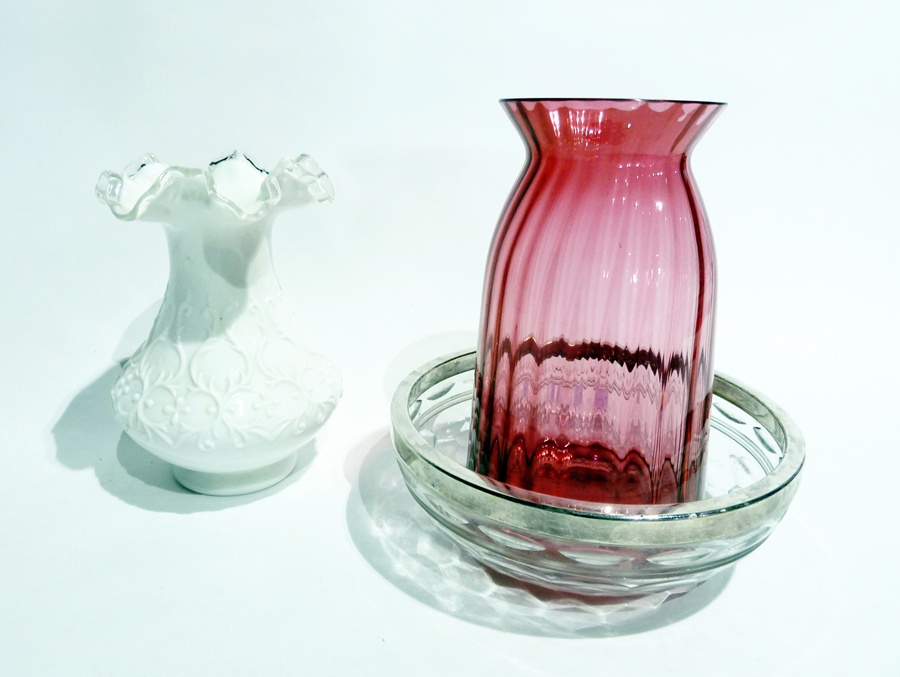 Cranberry glass vase, ribbed and having everted rim, cut-glass salad bowl with plated border and a