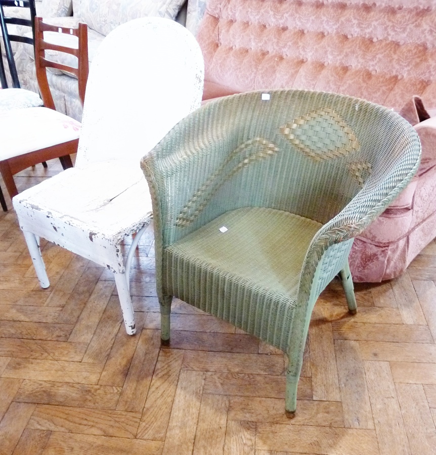 Lloyd loom green tub chair and another Lloyd loom style white cane chair (2)