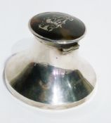 Victorian silver capstan inkwell with silver and tortoiseshell pique lid, flower basket and ribbon