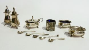 George V silver cruet, with salt, pepper pot and mustard pot, with blue glass liner, together with a