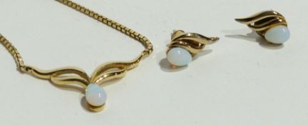 Gold-coloured metal and opal necklace, set teardrop-shaped stone, and pair similar opal set earrings