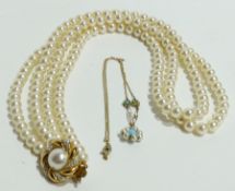 Flowerhead pendant on gold coloured chain, simulated pearl and turquoise set and two string pearl