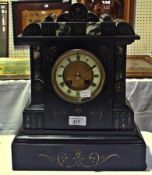 19th century black and variegated marble mantel clock, with French 8-days striking movement, ivorine