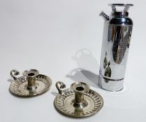 Pair of EPNS chamber candlesticks, each with foliate decorated sconce and "First Extinguisher",