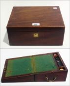 19th century mahogany writing box, with baize-lined slope, pair brass-topped ink bottles and