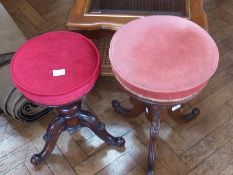 Two Victorian upholstered circular revolving-top piano stools, carved rosewood and mahogany  (2)