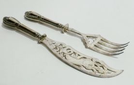 Pair of Victorian silver plated fish servers each with beaded foliate handle, floral and fish