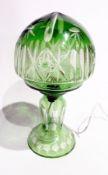 Early 20th century green overlay cut-glass table lamp and shade, the pointed dome shade ovolo and