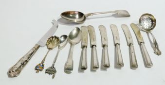 Pair silver sugar sifting spoons, silver handled cheese knife, tea knives and other silver and