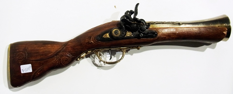 Wood and japanned metal replica flintlock pistol