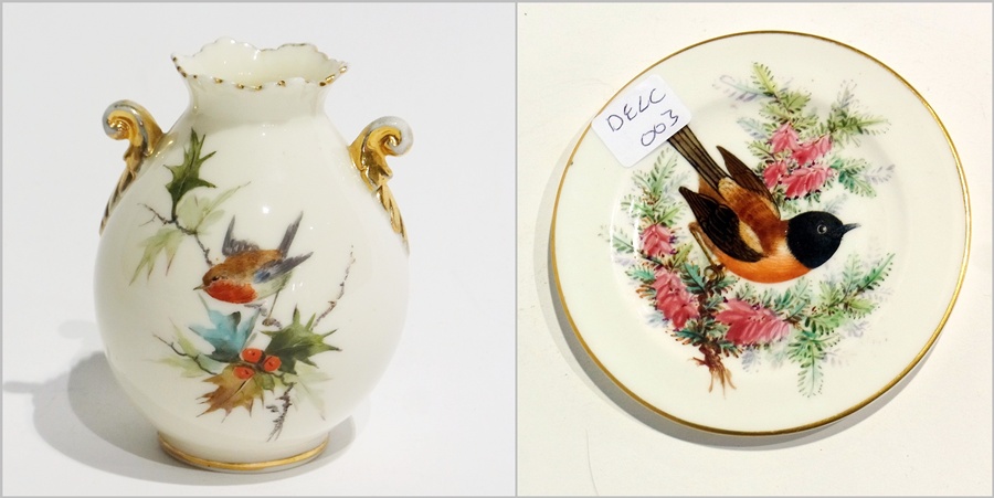 Locke's Worcester vase, decorated with robins and gilt scroll handles and a hand-painted pin tray (
