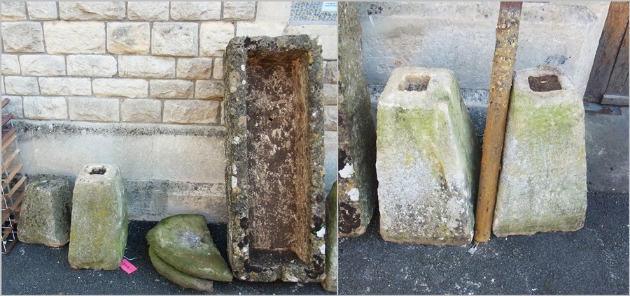Large stone trough, three staddlestone bases and other items (7)