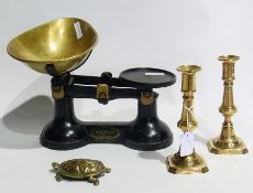 A large quantity decorative metalware to include:- one pair and two various brass candlesticks,