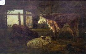 Oil on canvas
James Doubting 
"Cow House Interior" 
Cow with two calves, framed, unsigned, 21cm x