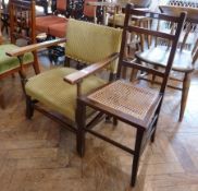 Early 20th century oak open armchair with rectangular back and padded seat on square supports with a