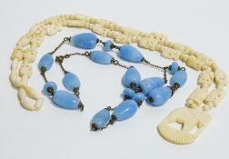 Vintage blue glass bead and metal drop necklace and carved bone necklace