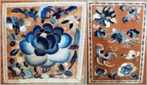 Two Chinese embroidered panels, probably Sanlan, foliate motifs, 20cm and 17cm in width, framed (2)