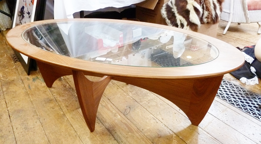 G-Plan teak and glass oval coffee table, height 43cm, width 123cm