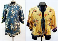 Early 20th century Chinese silk embroidered jacket, blue ground decorated with butterflies and