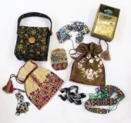 Art Deco style handbag, two other smaller beaded bags, beadwork pieces, perfume bottles, etc. (1