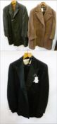 A gentleman's dinner suit including waistcoat and bow tie, a Crombie overcoat, labelled inside "