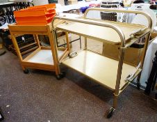 20th century metal trolley, rectangular, height 67.5cm, a wooden trolley, similar and four orange