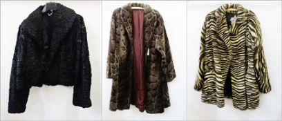 A 1980's faux fur coat, grey, printed with black and grey leopard pattern, a black Persian lamb