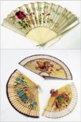 A bone and silk embroidered fan, embroidered with flowers (af), three wooden and paper fans, a