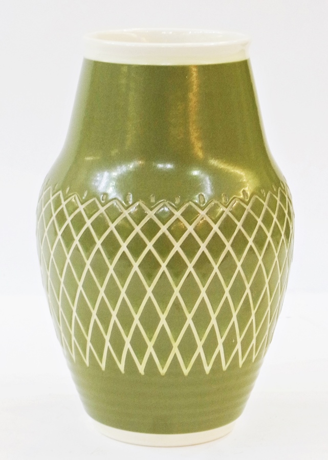 A Pilkingtons Royal Lancastrian pottery vase, green glaze with sgraffito decoration, 26cm high