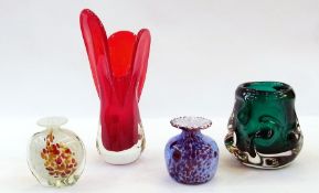 Murano style vase, in red, two smaller art glass vases and a cylindrical green vase (4)