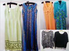 Various 1970's style dresses, a Berketex black beaded and fringed evening top and a Vera Mont
