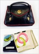 Dior silk scarf, Celine silk scarf and a 1940's black leather handbag with red detail to edge (3)