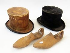 Pair of shoe lasts/trees, two worn top hats, a quantity of stiff collars, white ties, dress shirts