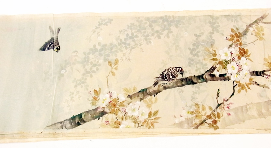 Set of six Oriental hand-painted silk (?) scrolls, with birds and flowering branches (6)