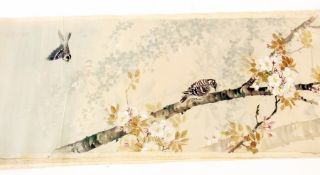 Set of six Oriental hand-painted silk (?) scrolls, with birds and flowering branches (6)