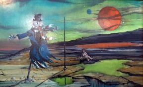 Acrylic on board
Francis Wainwright (b.1940) 
"Venus", fantasy scene with scarecrow and nude